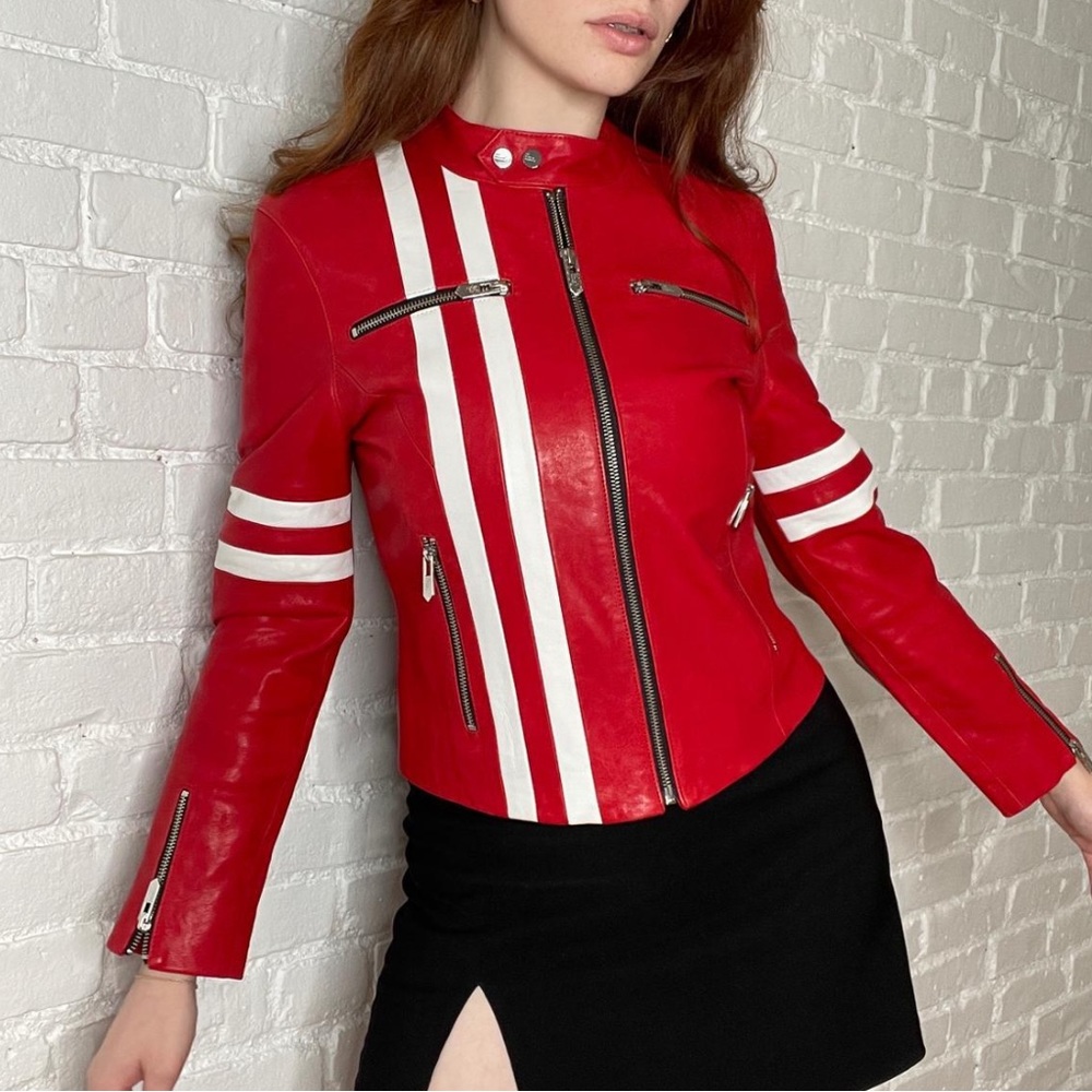 The Mighty Company “The Ferrara Racer” Red and White Leather Jacket